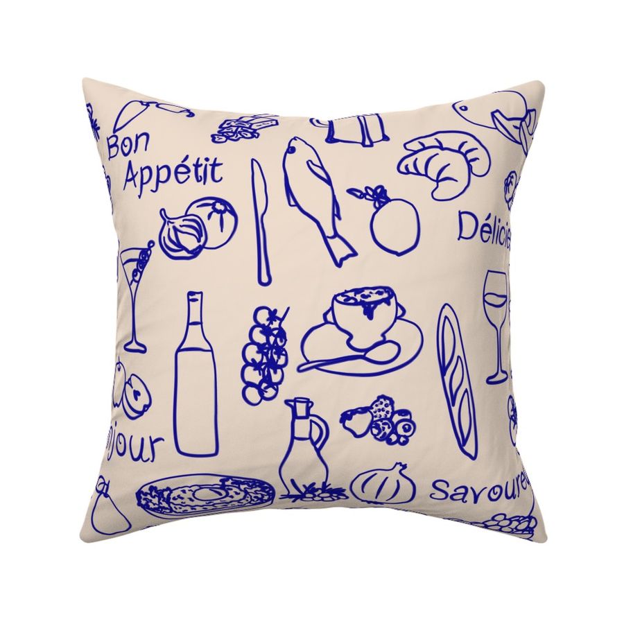 Doodle Art Food Paris French Bistro - Chef Inspired Foodie Line Art Royal Blue on Cream White - Large 24 Inch