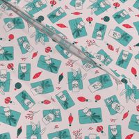 SMALL Hand Drawn Wrapped Christmas Gifts in Red and Cyan Teal for Holidays