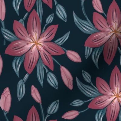 Floral Botanics-Pink Lilies on Midnight Blue Sky with Turquoise Leaves