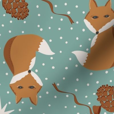 Snowy forest foxes at Christmas- sage green -medium scale