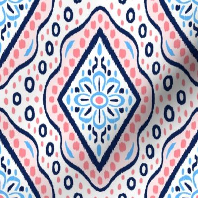 (med) Ikat Floral Diamonds - Shell Pink, Night Blue - Vibrant Preppy Style for Dorm Room and Eclectic Decor