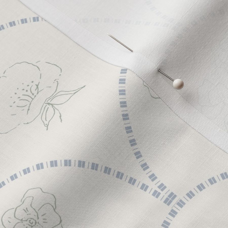 Sweet Fishscale and Sketched Floral in Sage Green, Cornflower Blue + Warm White