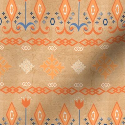 Colorful striped ethnic pattern. Blue, orange ornament on beige background.