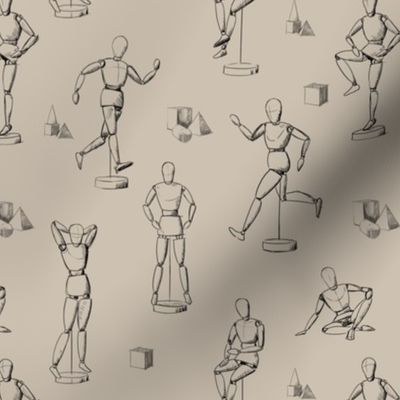 Artist's Studio Wallpaper with Mannequins Sketches, Small Scale, Beige Background