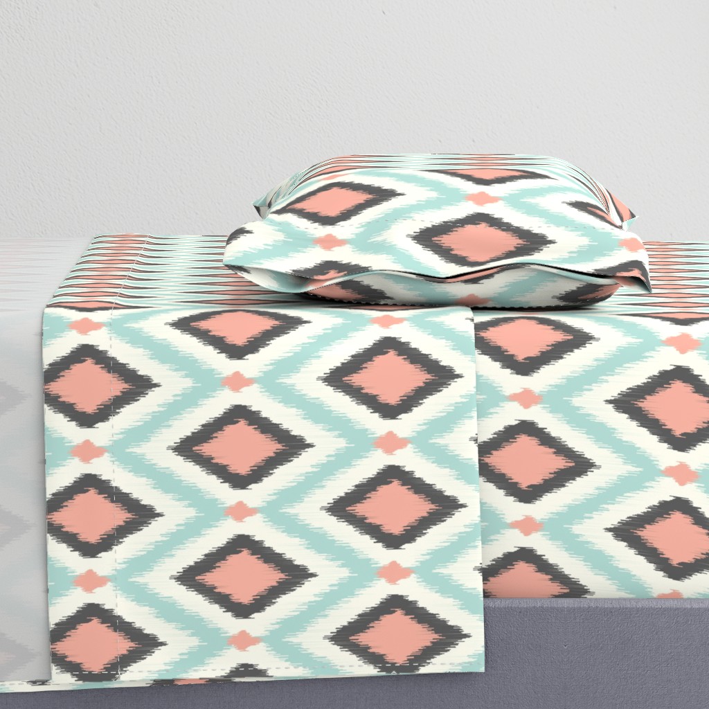 Aqua Pink and Gray Tribal Ikat Chevron