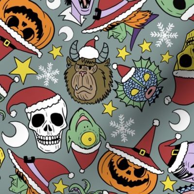 (L) Christmas Monsters in Retro Cartoon Style Grey Background 