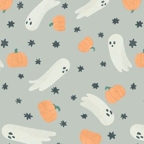 Ghosts and pumpkins in grey