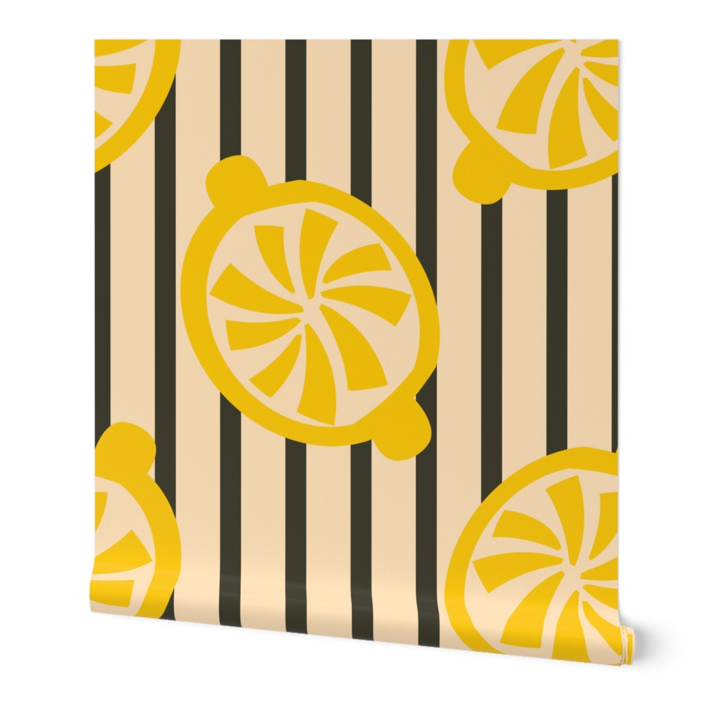 Bold-happy-rough-yellow-lemon-citrus-fruits-on-retro-1960s-beige-with-verti