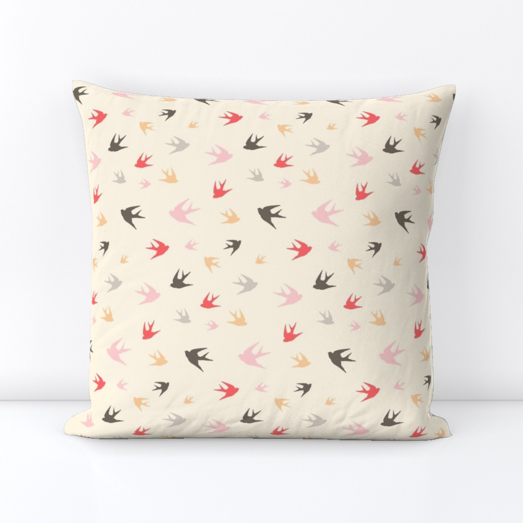 Sparrows in flight - coral / cream / beige / brown / grey / pink