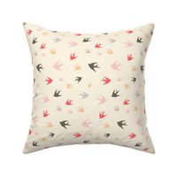 Sparrows in flight - coral / cream / beige / brown / grey / pink