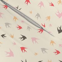 Sparrows in flight - coral / cream / beige / brown / grey / pink