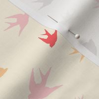 Sparrows in flight - coral / cream / beige / brown / grey / pink