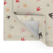 Sparrows in flight - coral / cream / beige / brown / grey / pink