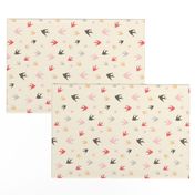 Sparrows in flight - coral / cream / beige / brown / grey / pink