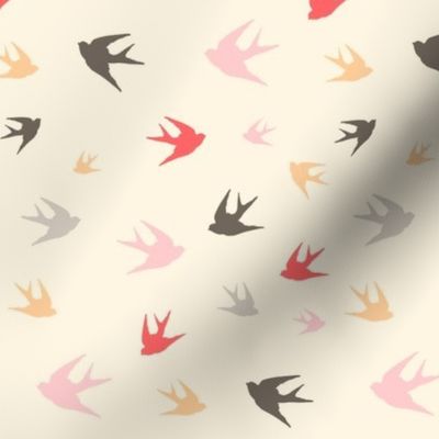 Sparrows in flight - coral / cream / beige / brown / grey / pink