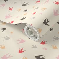 Sparrows in flight - coral / cream / beige / brown / grey / pink