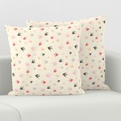 Sparrows in flight - coral / cream / beige / brown / grey / pink