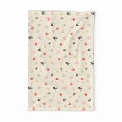 Sparrows in flight - coral / cream / beige / brown / grey / pink