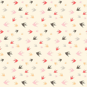 Sparrows in flight - coral / cream / beige / brown / grey / pink