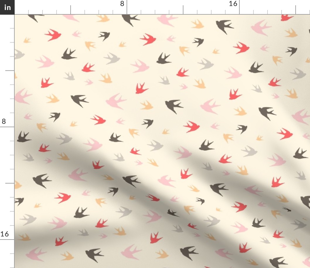 Sparrows in flight - coral / cream / beige / brown / grey / pink