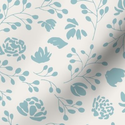 Meandering Florals Canal Blue on Cream Jumbo Scale