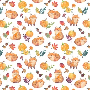 Autumn Foxes and Foliage on White Ground