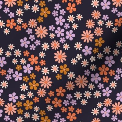 Halloween Dream Flower Patch - Summer ditsy retro flowers halloween fall girls palette orange lilac pink blush on deep blue night