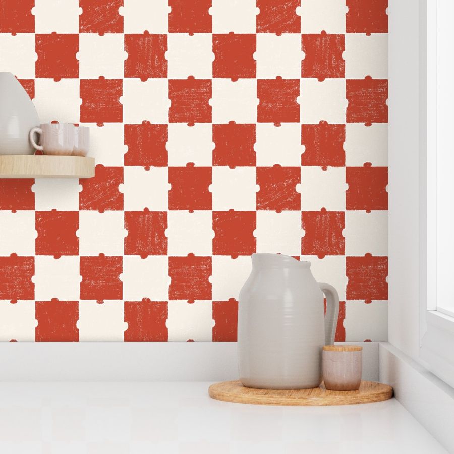 Checkerboard Puzzle Design: Bold and Playful Geometric Pattern ,red hue, medium scale