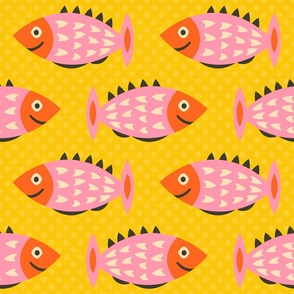 Happy-pink-black-and-white-1960s-mid-century-modern-fish-on-bold-retro-yellow-with-dots---XL-jumbo