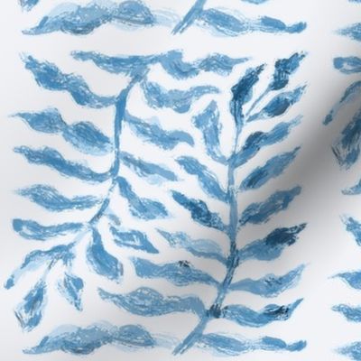 Blocks of Watercolor Blue Leaves and Branches - White