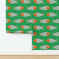 Happy-orange-blue-black-and-white-1960s-mid-century-modern-fish-on-bold-retro-grass-green-with-dots---XL-jumbo