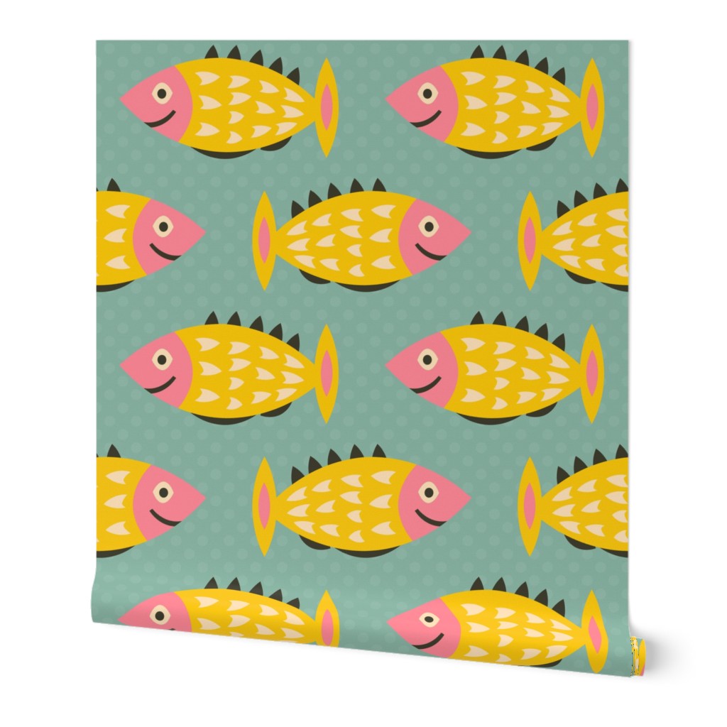 Happy-yellow-pink-black-and-white-1960s-mid-century-modern-fish-on-bold-retro-blue-with-dots---XL-jumbo