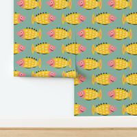 Happy-yellow-pink-black-and-white-1960s-mid-century-modern-fish-on-bold-retro-blue-with-dots---XL-jumbo