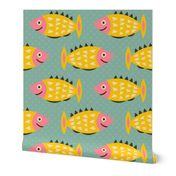 Happy-yellow-pink-black-and-white-1960s-mid-century-modern-fish-on-bold-retro-blue-with-dots---XL-jumbo