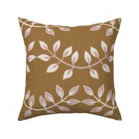 New Modern Boho Laurel Leaf Vine Scallop with Faux Grasscloth Texture in Mauve Pink and Cream on Kraft Paper Brown