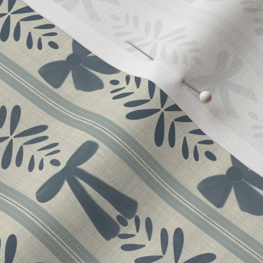 Preppy bows, stripes and geometrical leaves on white linen with gray slate - Small