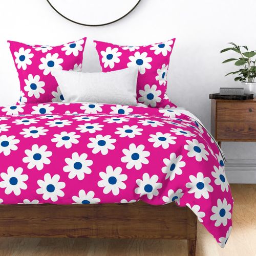 retro white and blue daisies on raspberry pink (large)