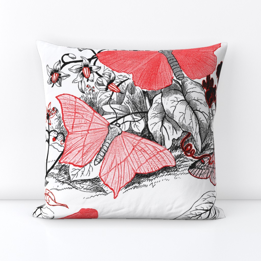 Moth Ridden Botanical ~ Red, Black & White