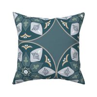 Mediterranean floral mandalas in marine calm colors - teal blue grey green