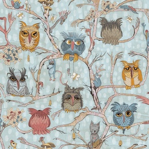 Whimsical Owls Gathering On The Old Tree Sky