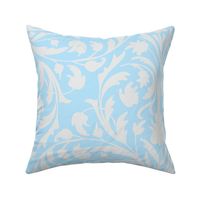 Victorian inspired damask with flowers and ornaments light silver grey on muted cyan - large scale