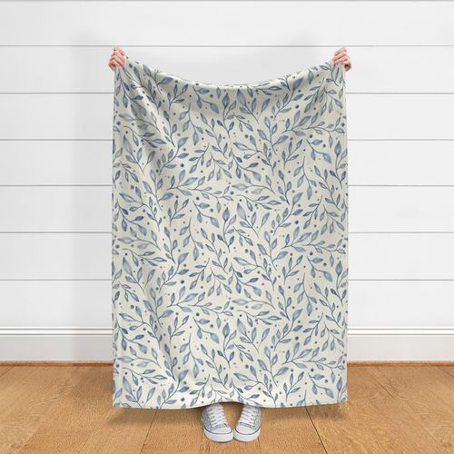   large scale dense watercolor leaves in delft blue on cream