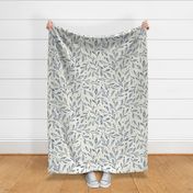   large scale dense watercolor leaves in delft blue on cream