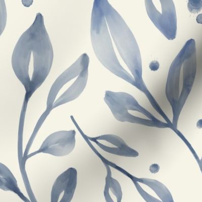   large scale dense watercolor leaves in delft blue on cream