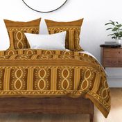 Large 24” repeat geometric refined bohemian horizontal border design with figure of eight, stripes and circles and jewel-like effect tesserae  with Aztec overtones with faux woven burlap texture in rich orange, brown and golden hues