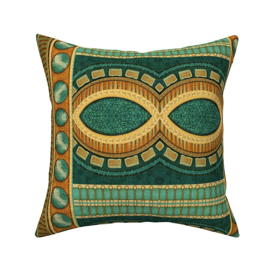 Large 24” repeat geometric refined bohemian vertical  border design with figure of eight, stripes and circles and jewel-like effect tesserae  with Aztec overtones with faux woven burlap texture in paler greens, teal, orange and gold