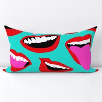 Pop Art Smiles, Mouths, Teeth, and Tongues_red, hot pink, black and white on aqua background