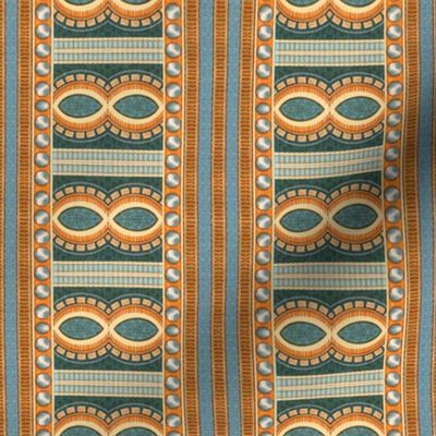 Very small 4” repeat geometric refined bohemian vertical  border design with figure of eight, stripes and circles and jewel-like effect tesserae  with Aztec overtones with faux woven burlap texture in summer blues, orange, silver and turquoise.