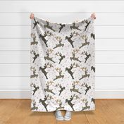 Reindeer leaping pink grey snowflakes falling whimsical design baby room