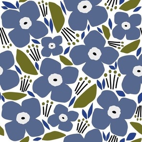 Modern blue daisies with olive green leaves